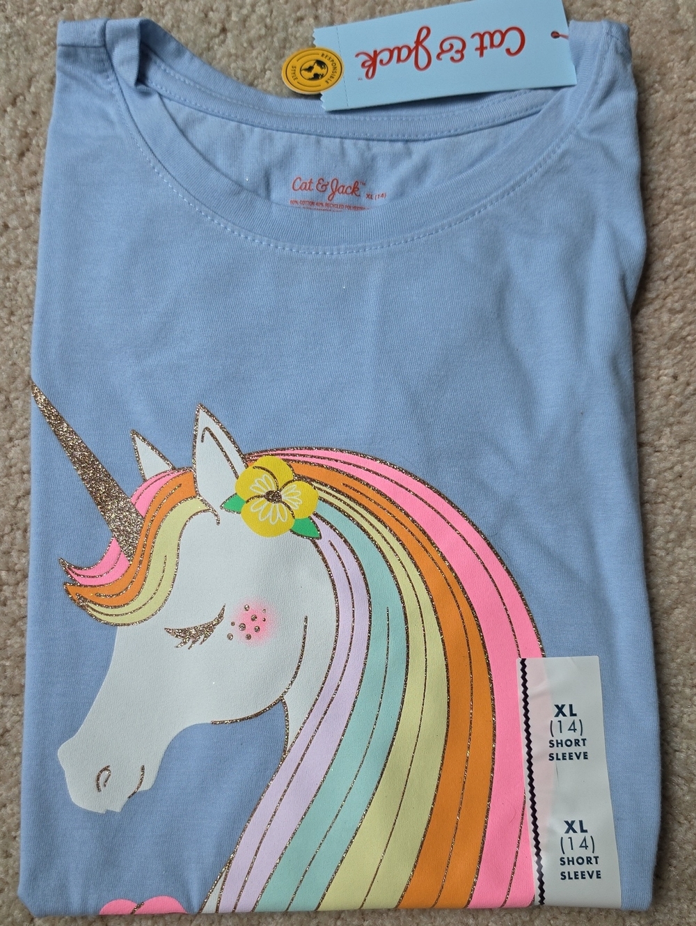 Cat & Jack Light Blue Unicorn Short Sleeve Tee with Rainbow Mane